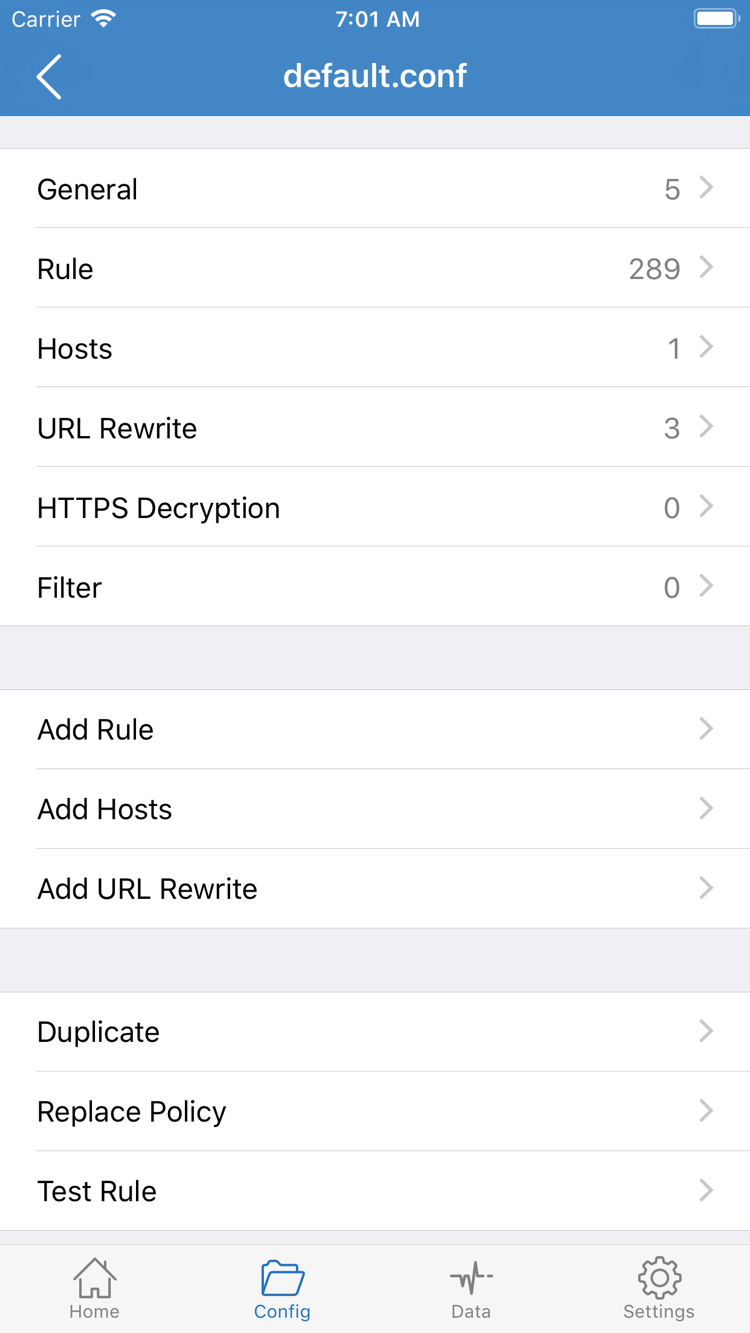 Shadowrocket 공식 Config 편집 화면 스크린샷: General, Rule, Hosts, URL Rewrite, HTTPS Decryption 및 Add Rule 표시