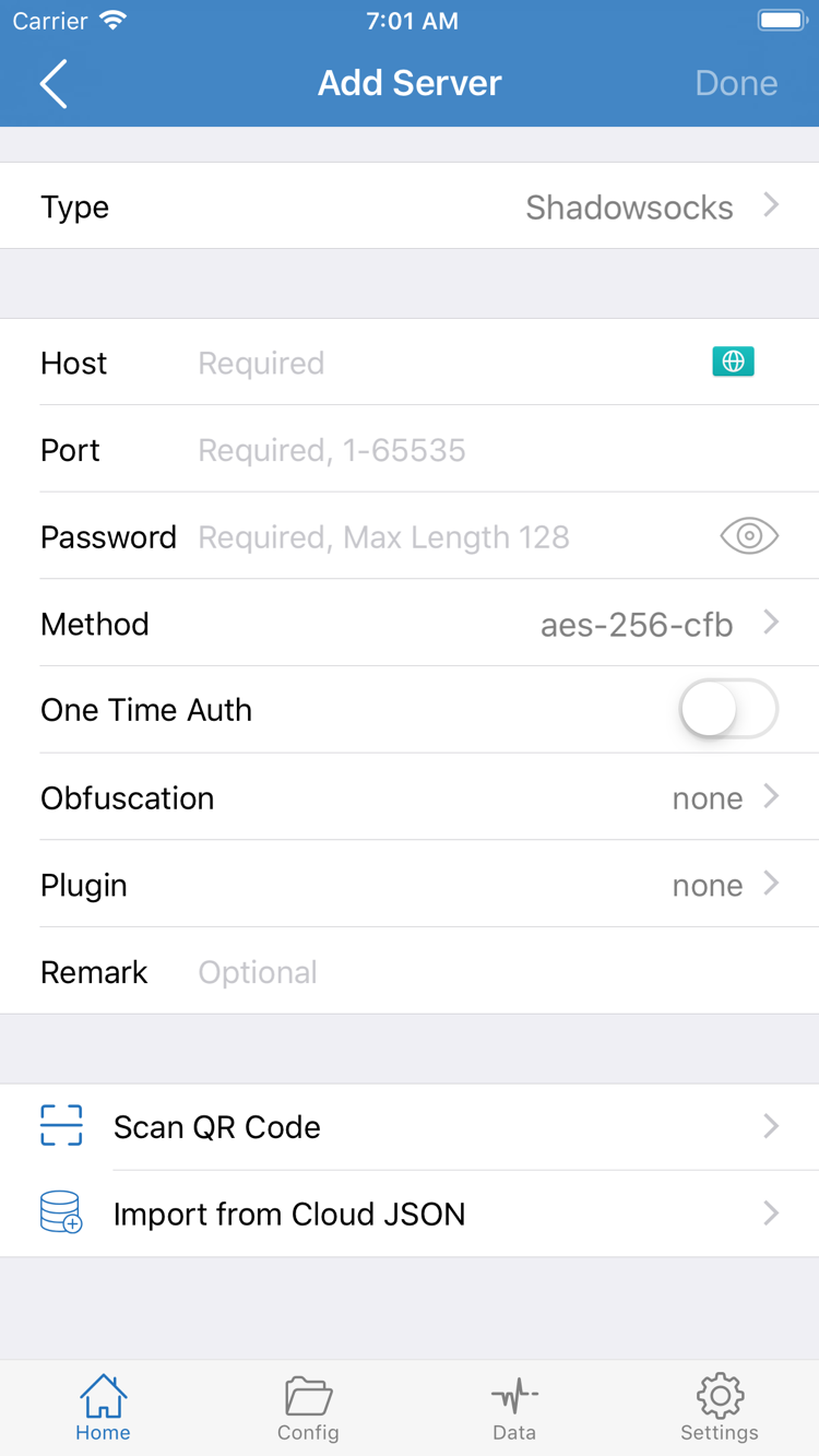 Shadowrocket 공식 Add Server 화면 스크린샷: Type, Host, Port, Password, Method 및 가져오기 메뉴 표시